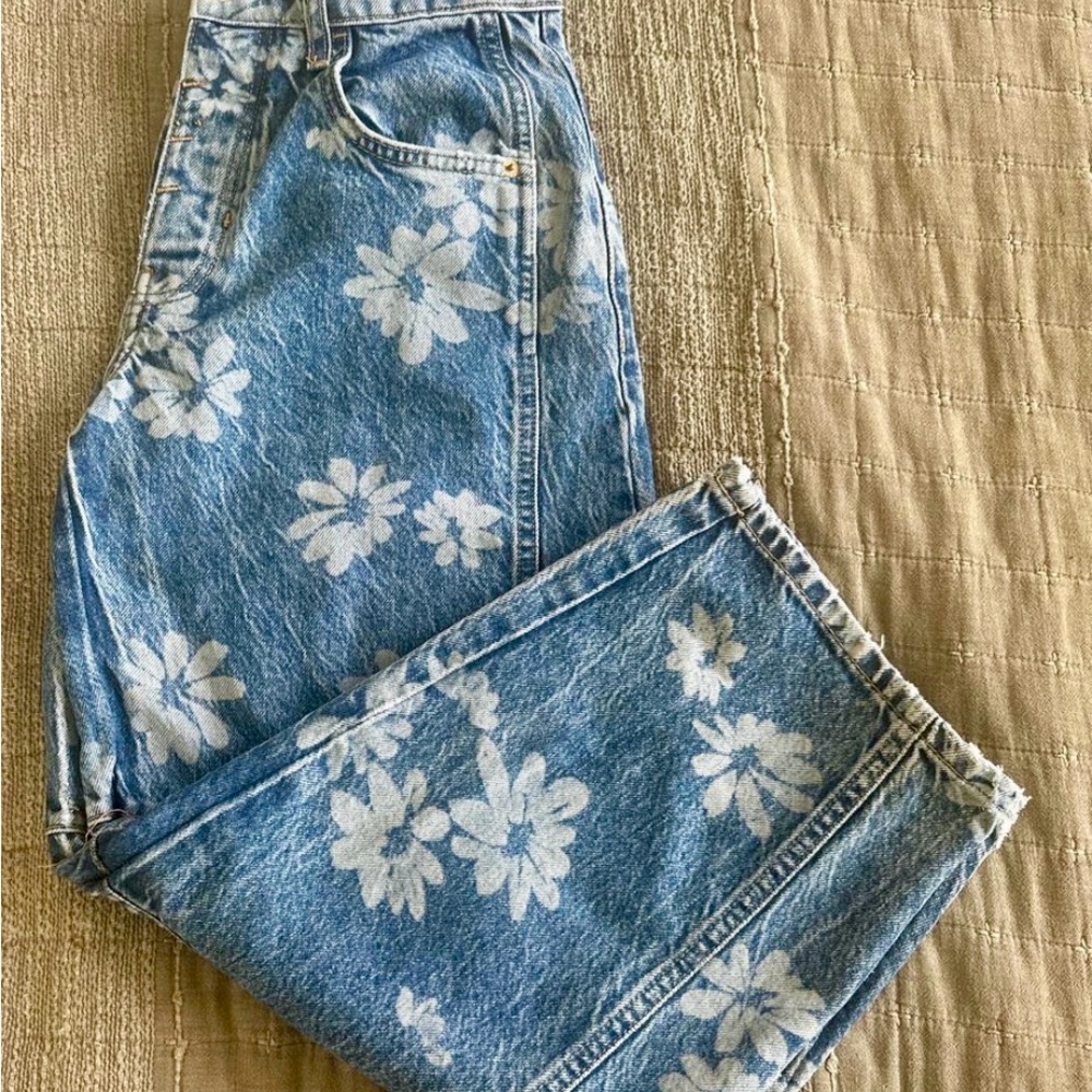 Free People We The Free Good Luck Printed Leg Daisy Barrel Jeans